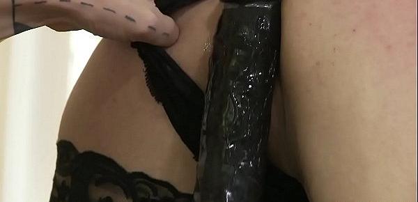  tattooed chick submissing her slave into blowjob and dildo fucking